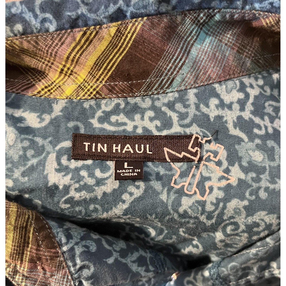 Tin Haul Mens Large Blue Floral Western Pearl Snap Shirt Long Sleeve Cotton - Picture 6 of 9